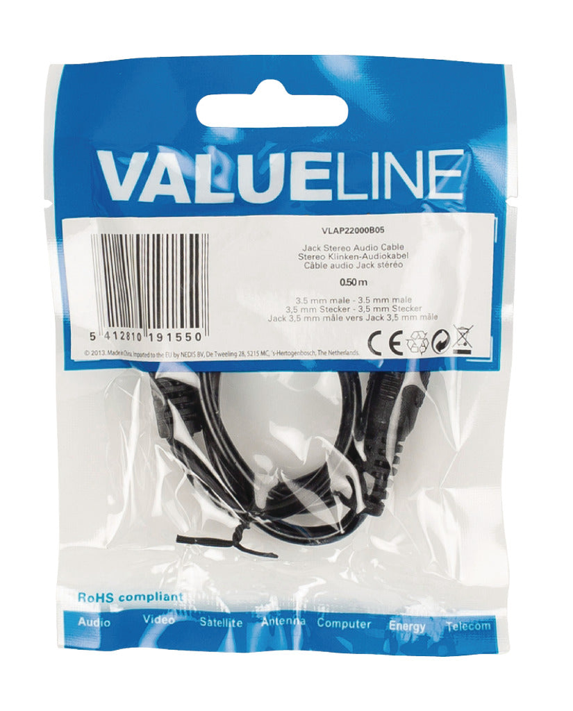 Valueline Vlap22000B05 Jack Stereo Audiokabel 3,5 Mm Mannelijk - 3,5 Mm Mannelijk 0,50 M Zwart