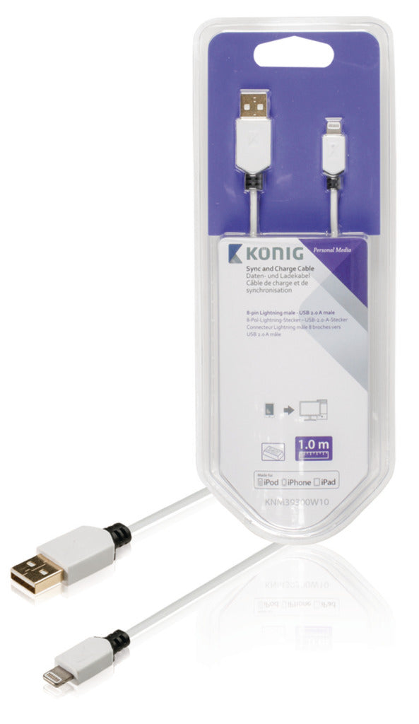 K&Ouml;Nig Knm39300W10 Sync And Charge Kabel 8-Pins Lightning Male - Usb 2.0 A Male 1,00 M Wit