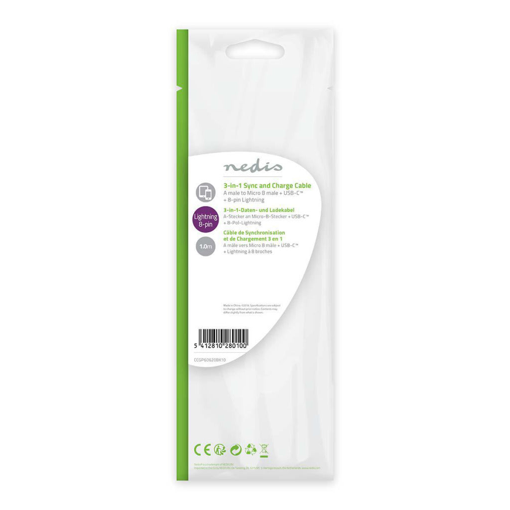 Nedis Ccgp60620Bk10 3-In-1 Sync And Charge-Kabel Usb-A Male - Micro B Male / Type-C Male / Apple Lightning 8-Pins Male 1,0 M Zwart